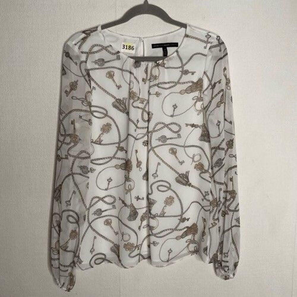 White House Black Market Gause Lined Key Print Blouse Women Size M Ivory